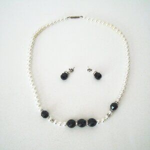 Earrings & Necklace Set Faux Pearls Black Beads Diamante Spacers Classic